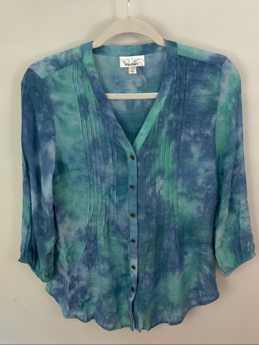 dressbarn Blue and Green Tie-Dye Pintuck Button-Down Top